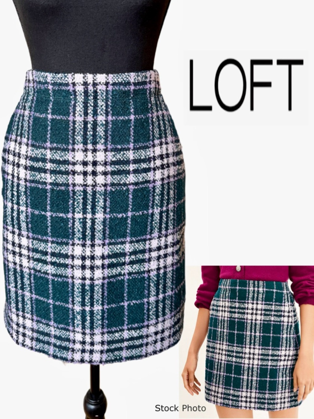 LOFT Tweed Plaid Wool Blend Lined Mini Skirt in Jade (0)